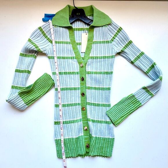 NWT Ramy Brook “Raya” Stripe Knit Button-front Sweater, in light blue and green - Picture 12 of 13